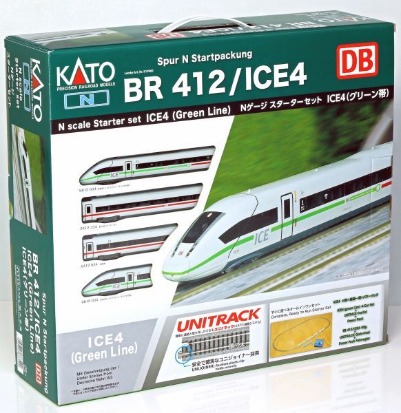 für Digitalbetrieb vorbereitet, Digitalset der Fa. Zimo (K10950-D1). Lichtwechsel weiß/rot, kraftvollen fünfpoligen Motor. Das KATO UNITRACK Gleisoval hat die Maße 677 x 1337 mm, Fahrregler mit Netzteil.
